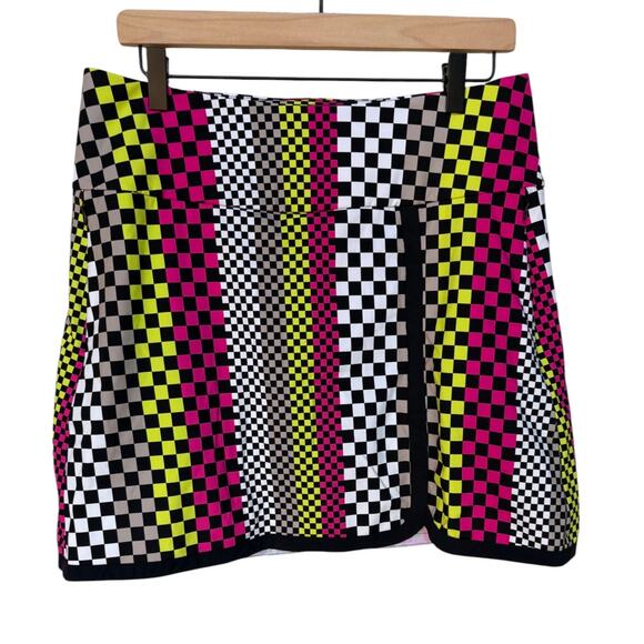 Kinona Sporty Neon Yellow and Pink Checkered Golf Skort with Deep Pockets size L - Picture 1 of 11